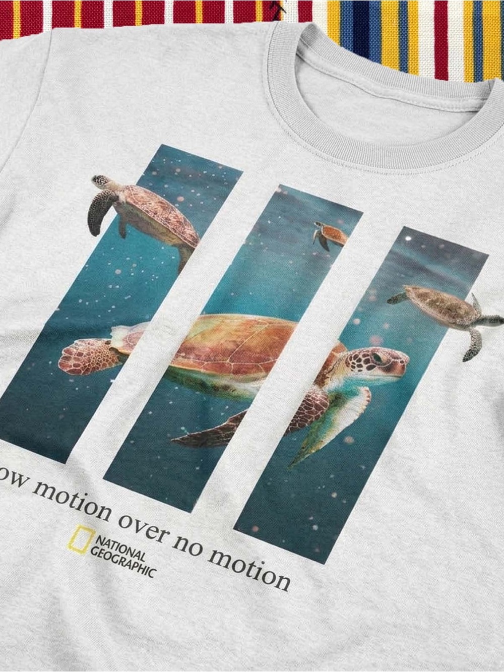 National Geographic White Tee with Teal & Brown Sea Turtle Panels